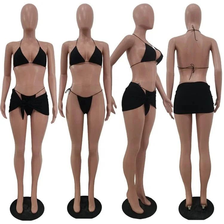 Sexy Soild Bikini Set Micro Thong Women Skirt Cover Up 3 Piece Swimsuit 2024 Lace Up Bathing Suit Halter String Swimwear