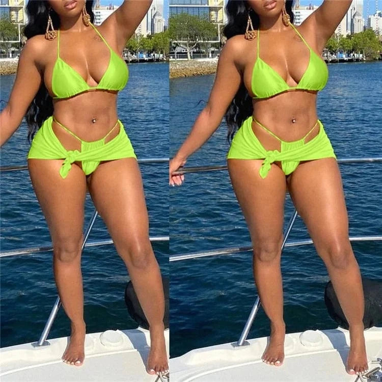 Sexy Soild Bikini Set Micro Thong Women Skirt Cover Up 3 Piece Swimsuit 2024 Lace Up Bathing Suit Halter String Swimwear