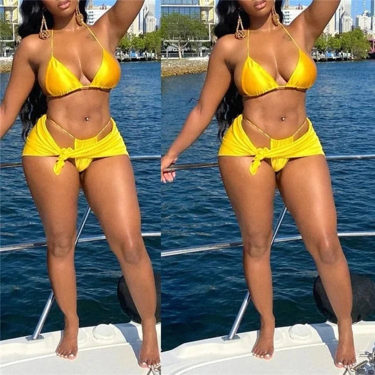 Sexy Soild Bikini Set Micro Thong Women Skirt Cover Up 3 Piece Swimsuit 2024 Lace Up Bathing Suit Halter String Swimwear