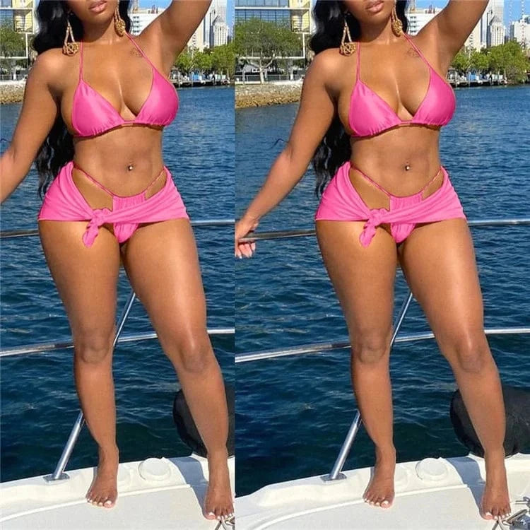 Sexy Soild Bikini Set Micro Thong Women Skirt Cover Up 3 Piece Swimsuit 2024 Lace Up Bathing Suit Halter String Swimwear