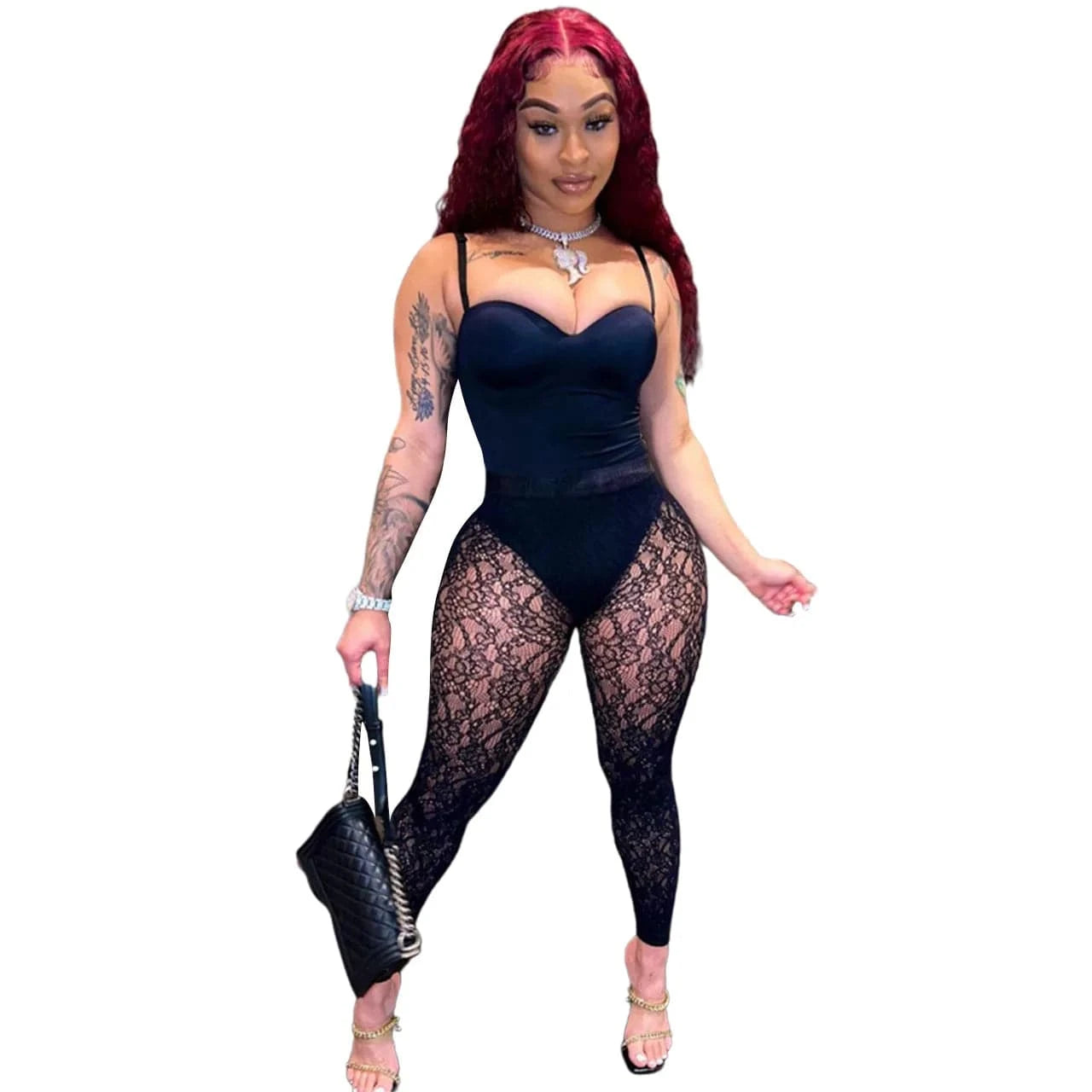 Sexy Strap Backless Bodysuit Jumpsuit See Through Lace Leggings Trousers Streetwear Nigh Club Hollow Out Two Piece Pants Set