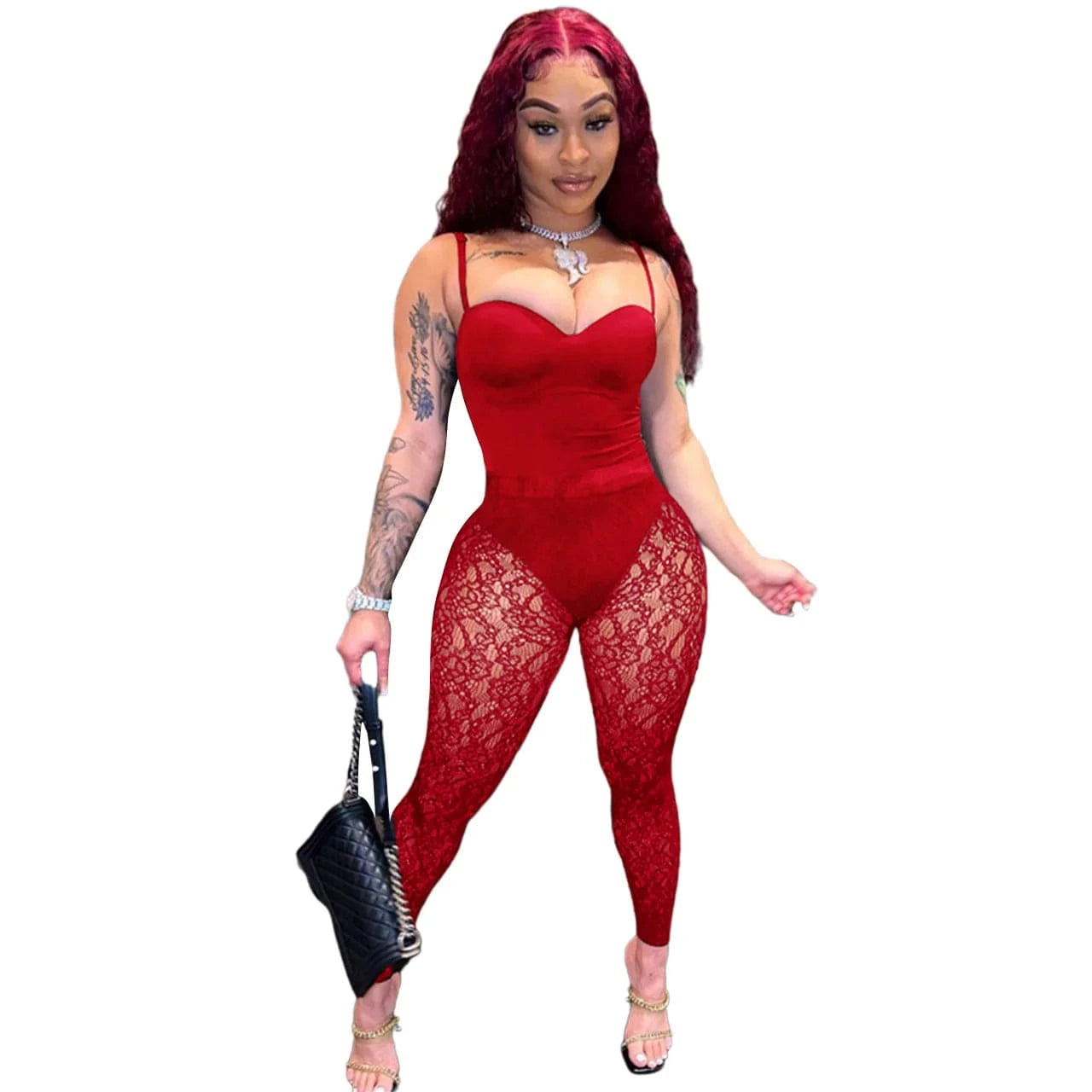 Sexy Strap Backless Bodysuit Jumpsuit See Through Lace Leggings Trousers Streetwear Nigh Club Hollow Out Two Piece Pants Set