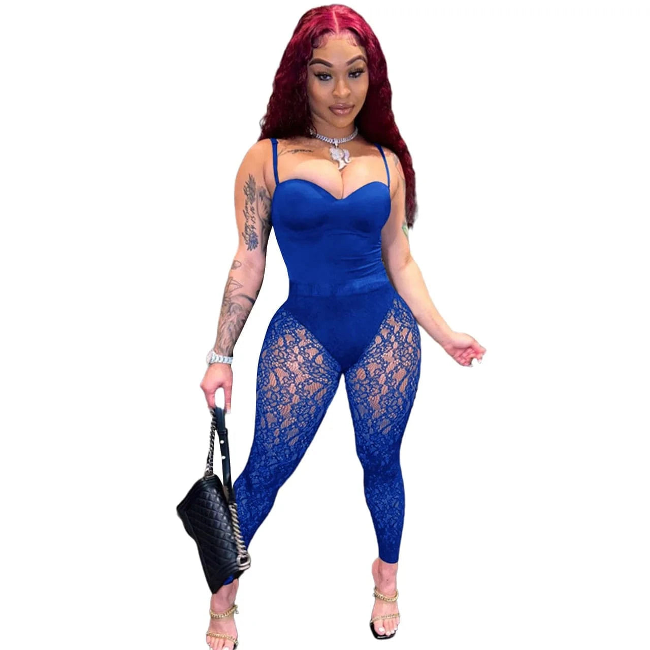 Sexy Strap Backless Bodysuit Jumpsuit See Through Lace Leggings Trousers Streetwear Nigh Club Hollow Out Two Piece Pants Set