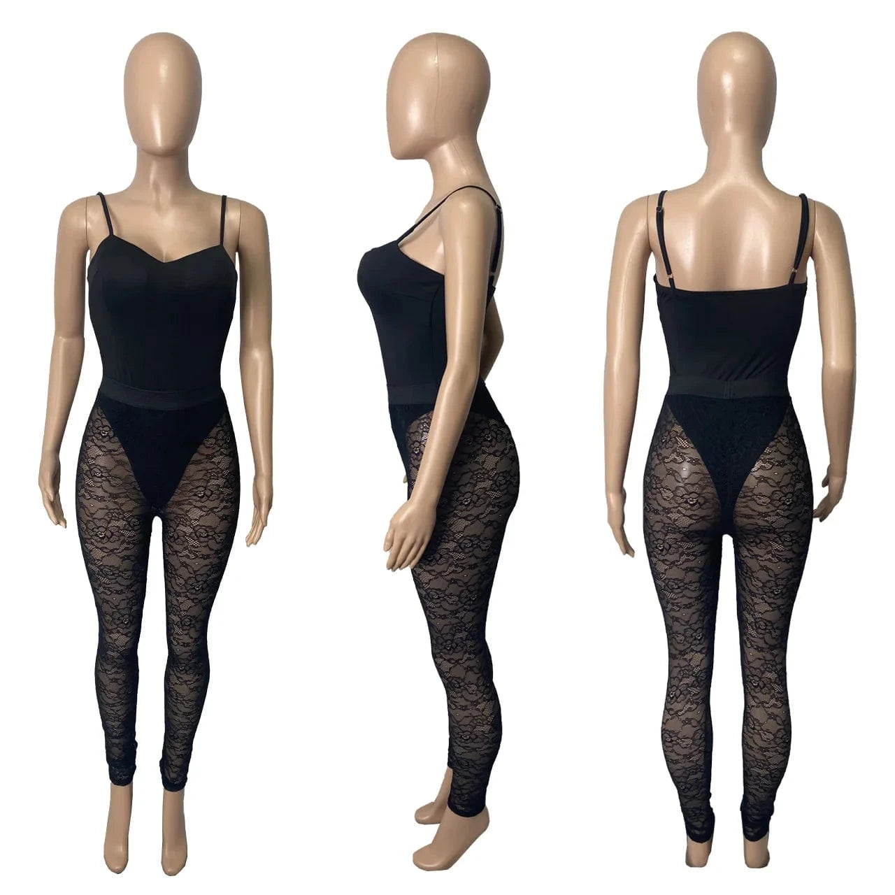 Sexy Strap Backless Bodysuit Jumpsuit See Through Lace Leggings Trousers Streetwear Nigh Club Hollow Out Two Piece Pants Set