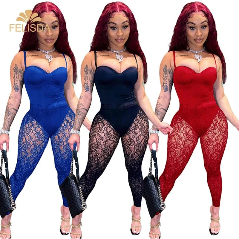 Sexy Strap Backless Bodysuit Jumpsuit See Through Lace Leggings Trousers Streetwear Nigh Club Hollow Out Two Piece Pants Set