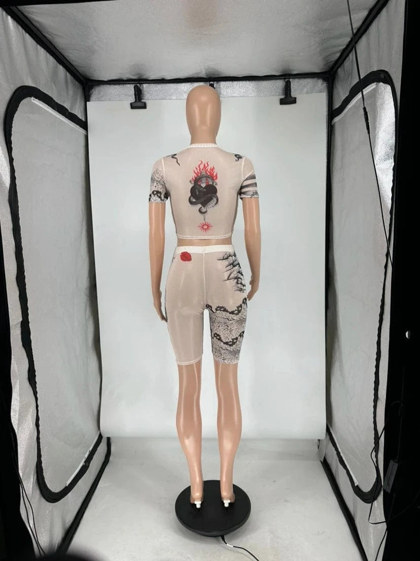 Sexy Summer Outfits for Woman 2024 Fashion Print See Through 2 Piece Set Hipster Crop Tops and Shorts Custom Two Piece Set Women