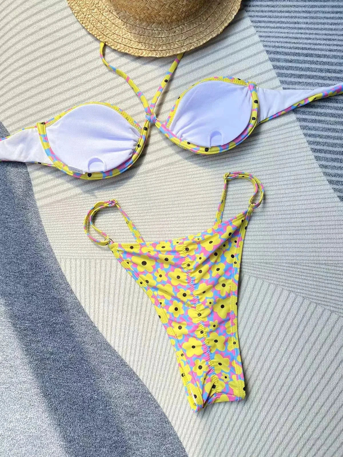 Sexy Underwire 3 Piece Bikini Set 2024 Halter Swimsuit Women Push Up High Neck Swimwear Floral Print Beachwear Bathing Suit