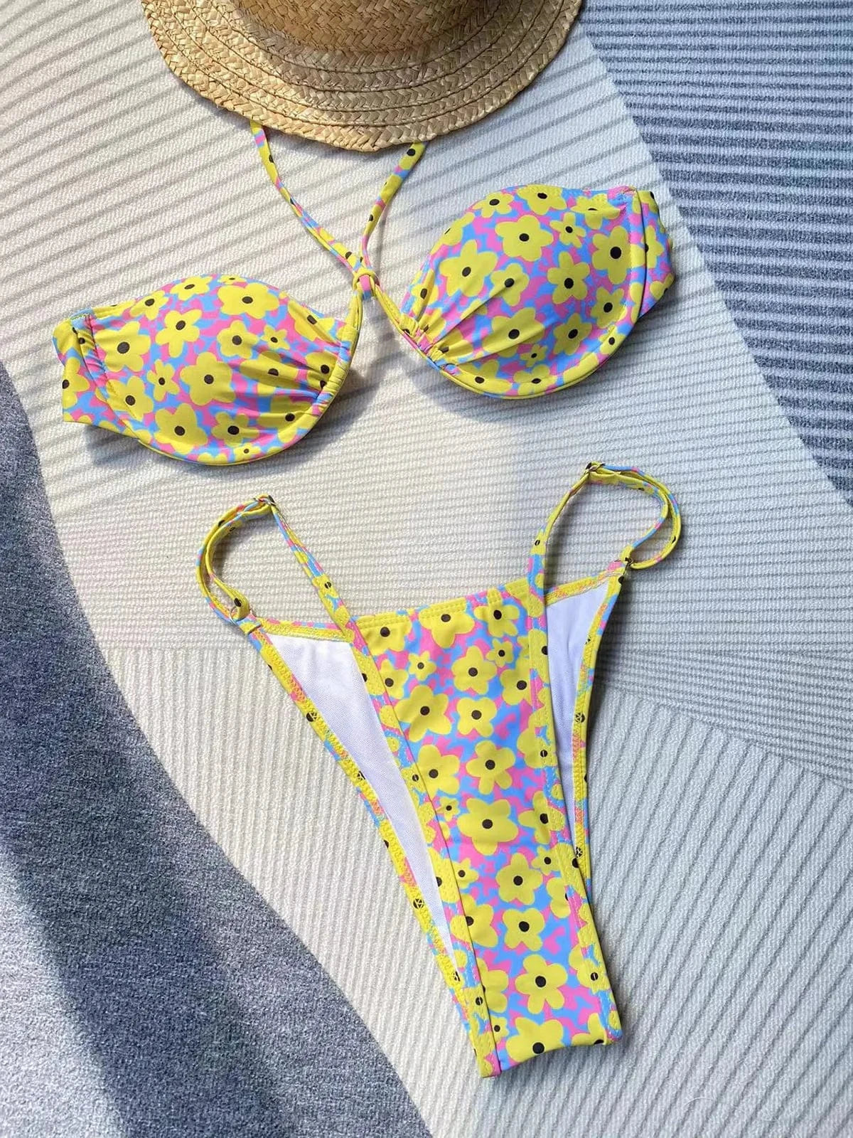 Sexy Underwire 3 Piece Bikini Set 2024 Halter Swimsuit Women Push Up High Neck Swimwear Floral Print Beachwear Bathing Suit