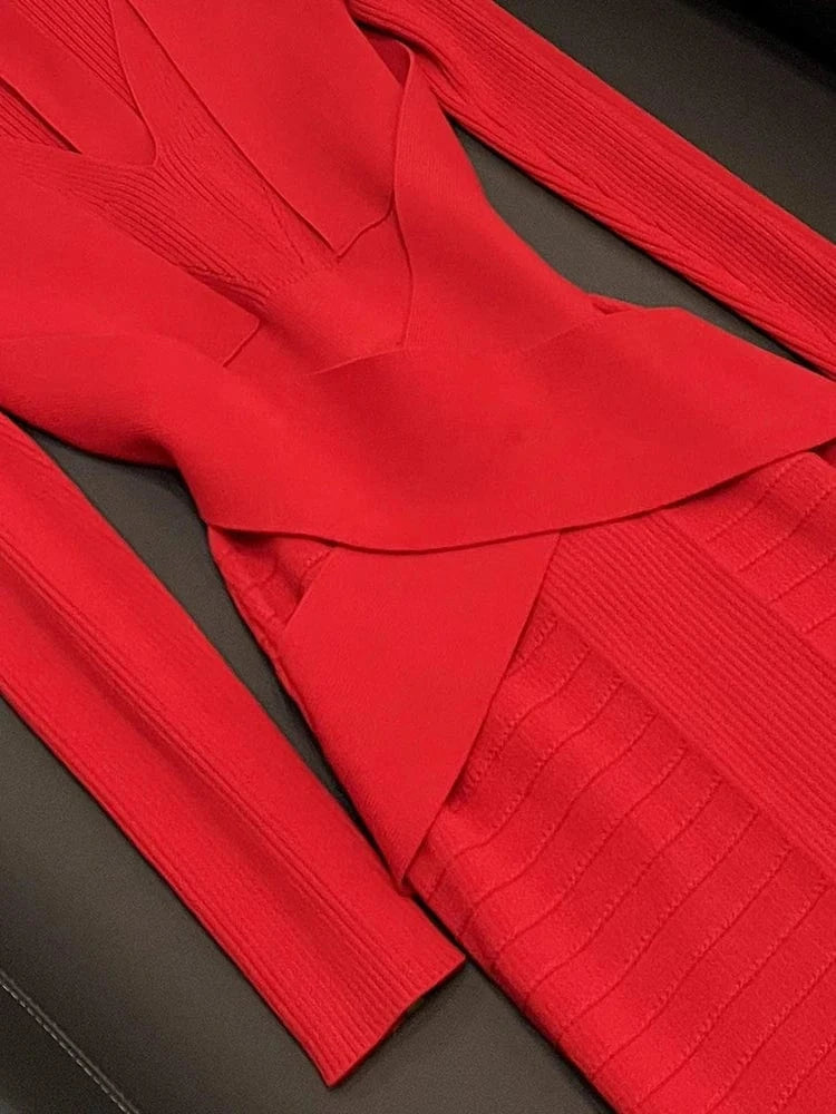 Sexy V-Neckline Slim Fitted Lady Spring Fall Winter Long Sleeve Stitching Women Solid Long Knitted Dress