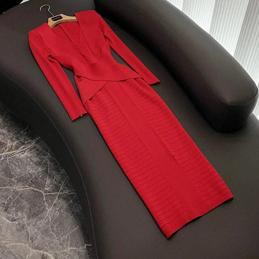 Sexy V-Neckline Slim Fitted Lady Spring Fall Winter Long Sleeve Stitching Women Solid Long Knitted Dress