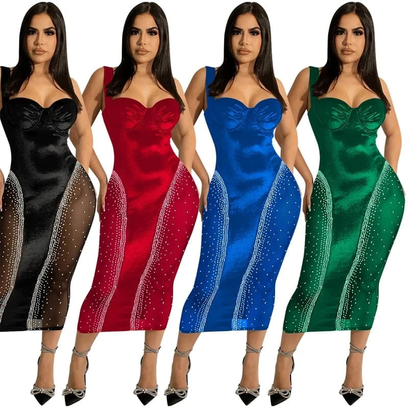 sexy women luxury rhinestone bead crystal diamond ball gown wedding evening prom bodycon sleeveless panel tulle wrap long dress
