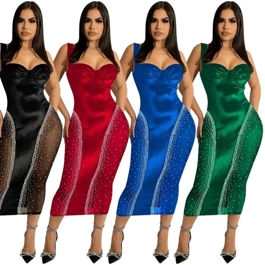 sexy women luxury rhinestone bead crystal diamond ball gown wedding evening prom bodycon sleeveless panel tulle wrap long dress