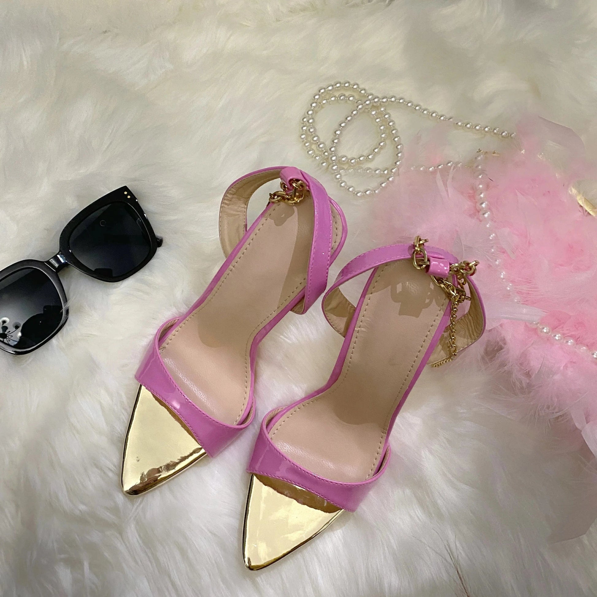 Sexy women pink stiletto high heels chain straps ladies shoes high quality ankle buckled pointed toe  fashion heeled sandals