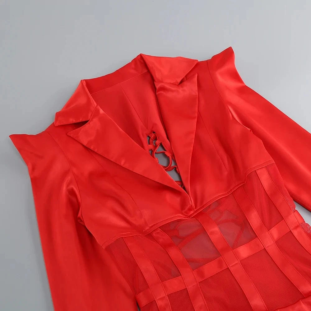 Sexy Women Red Hollow Open Back Lace-up Slim Dress Pleated High Split V-Neck Long Dress  Elegant Evening Club Gown Party Dress