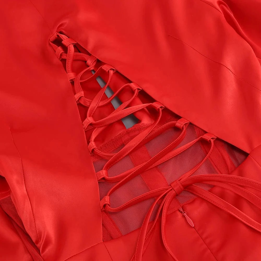 Sexy Women Red Hollow Open Back Lace-up Slim Dress Pleated High Split V-Neck Long Dress  Elegant Evening Club Gown Party Dress