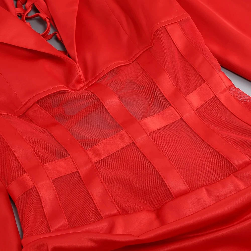 Sexy Women Red Hollow Open Back Lace-up Slim Dress Pleated High Split V-Neck Long Dress  Elegant Evening Club Gown Party Dress