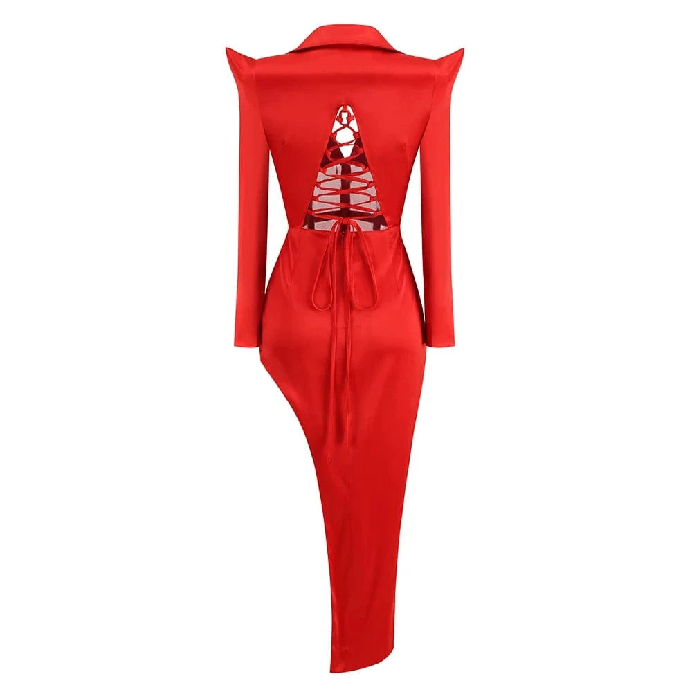 Sexy Women Red Hollow Open Back Lace-up Slim Dress Pleated High Split V-Neck Long Dress  Elegant Evening Club Gown Party Dress