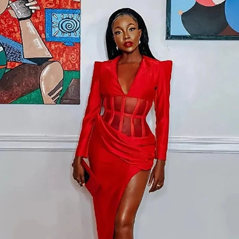 Sexy Women Red Hollow Open Back Lace-up Slim Dress Pleated High Split V-Neck Long Dress  Elegant Evening Club Gown Party Dress