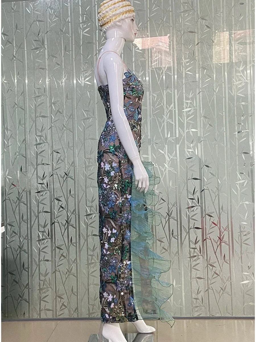 Sexy Women's Slip Straps Floral Embroidered Sequin Mermaid Dress High Split Ruffled Lace-Edge Tulle Dress for Evening Party Prom