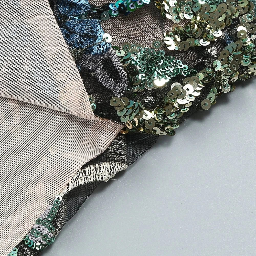 Sexy Women's Slip Straps Floral Embroidered Sequin Mermaid Dress High Split Ruffled Lace-Edge Tulle Dress for Evening Party Prom