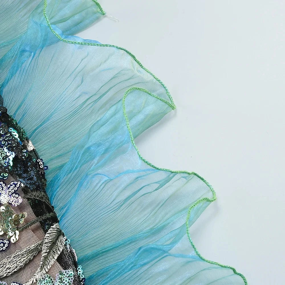 Sexy Women's Slip Straps Floral Embroidered Sequin Mermaid Dress High Split Ruffled Lace-Edge Tulle Dress for Evening Party Prom