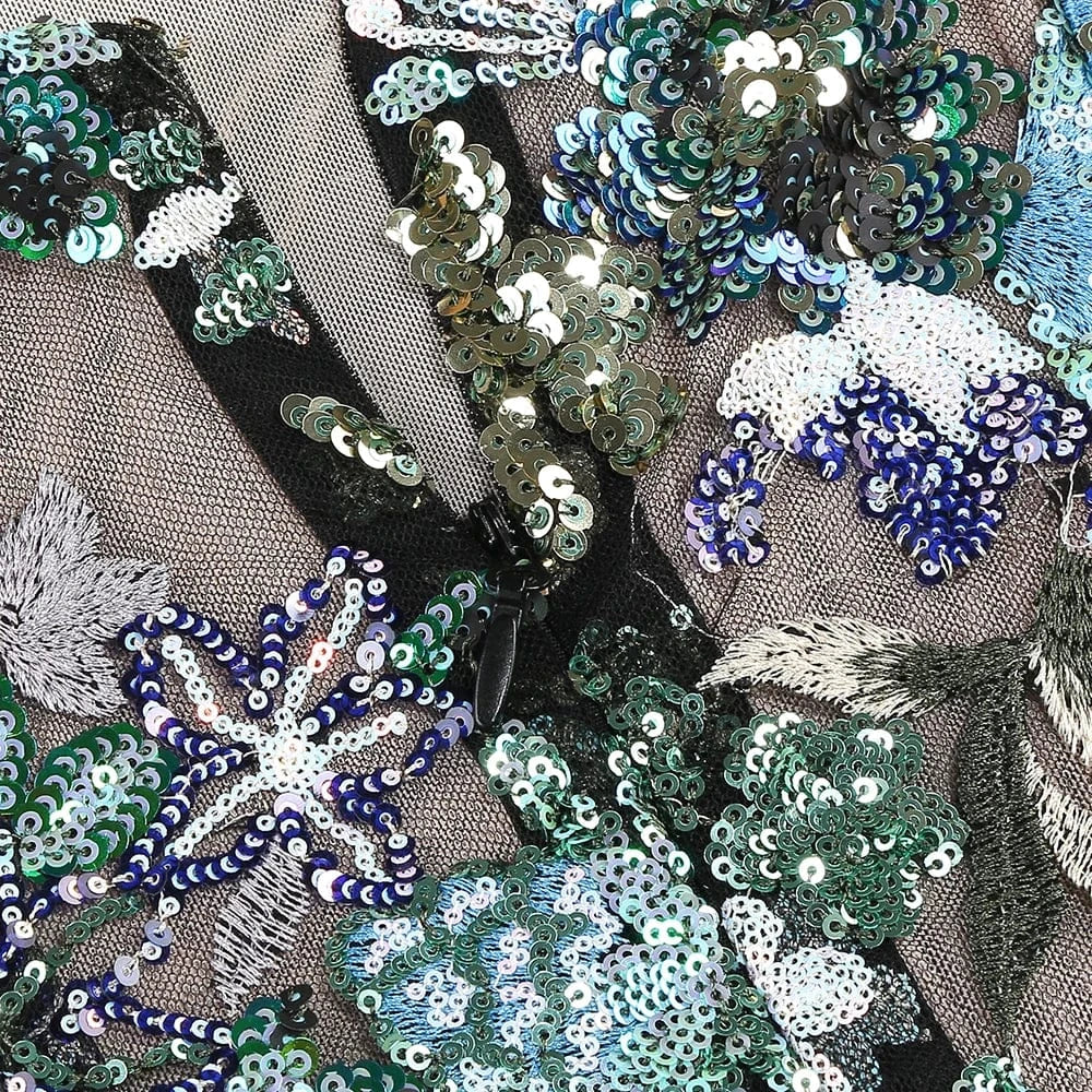 Sexy Women's Slip Straps Floral Embroidered Sequin Mermaid Dress High Split Ruffled Lace-Edge Tulle Dress for Evening Party Prom