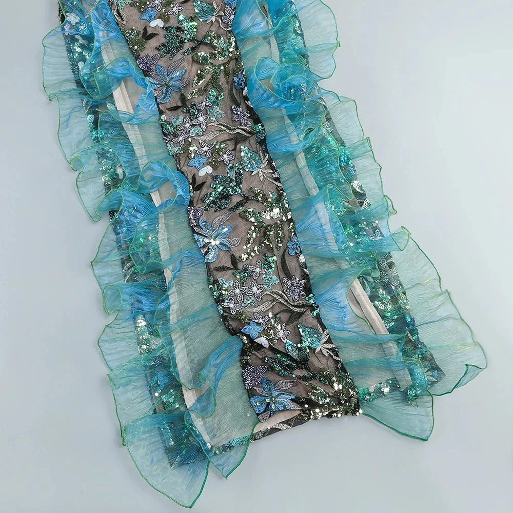 Sexy Women's Slip Straps Floral Embroidered Sequin Mermaid Dress High Split Ruffled Lace-Edge Tulle Dress for Evening Party Prom