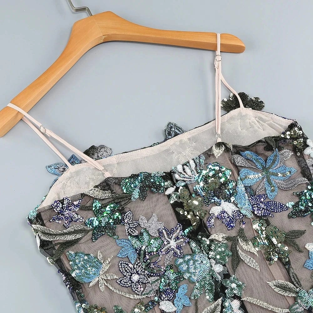 Sexy Women's Slip Straps Floral Embroidered Sequin Mermaid Dress High Split Ruffled Lace-Edge Tulle Dress for Evening Party Prom