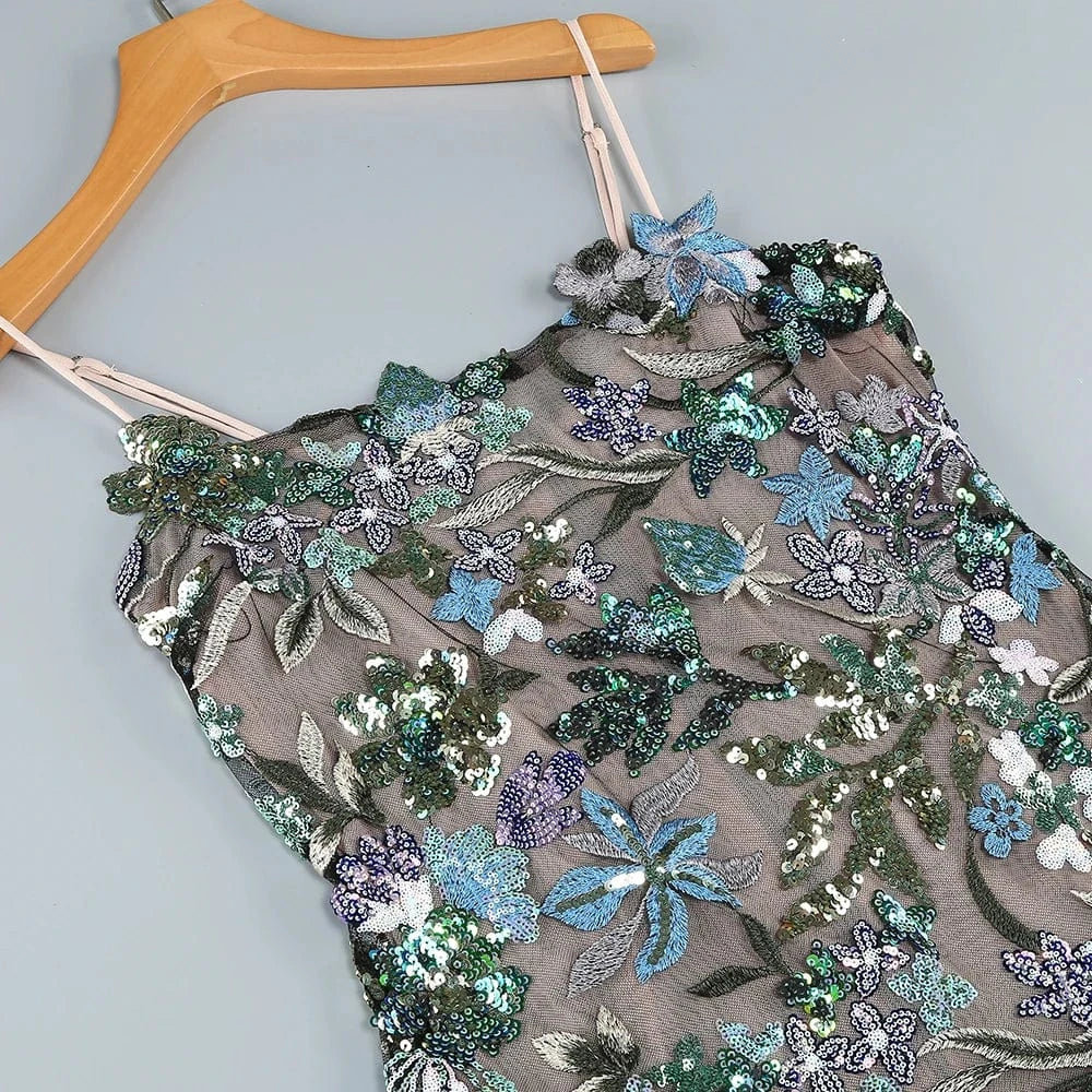 Sexy Women's Slip Straps Floral Embroidered Sequin Mermaid Dress High Split Ruffled Lace-Edge Tulle Dress for Evening Party Prom