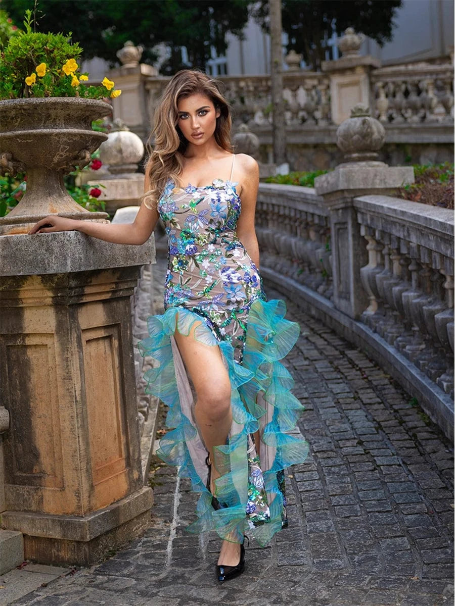 Sexy Women's Slip Straps Floral Embroidered Sequin Mermaid Dress High Split Ruffled Lace-Edge Tulle Dress for Evening Party Prom