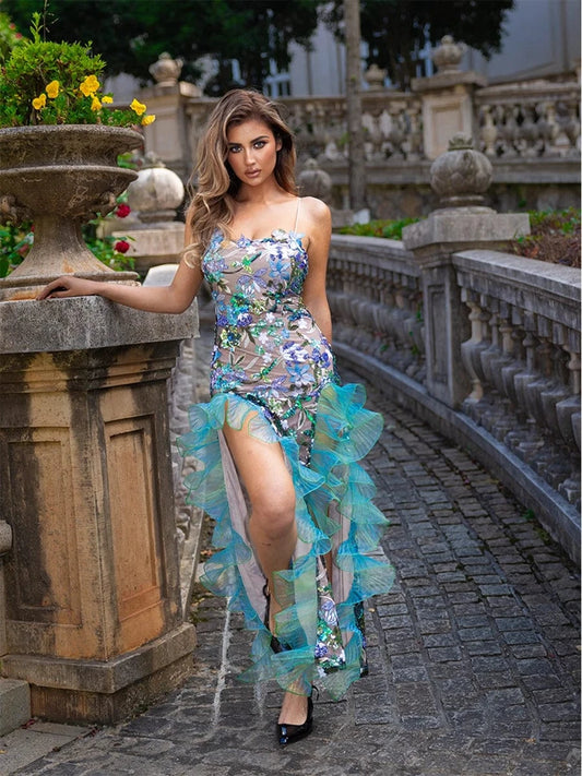Sexy Women's Slip Straps Floral Embroidered Sequin Mermaid Dress High Split Ruffled Lace-Edge Tulle Dress for Evening Party Prom