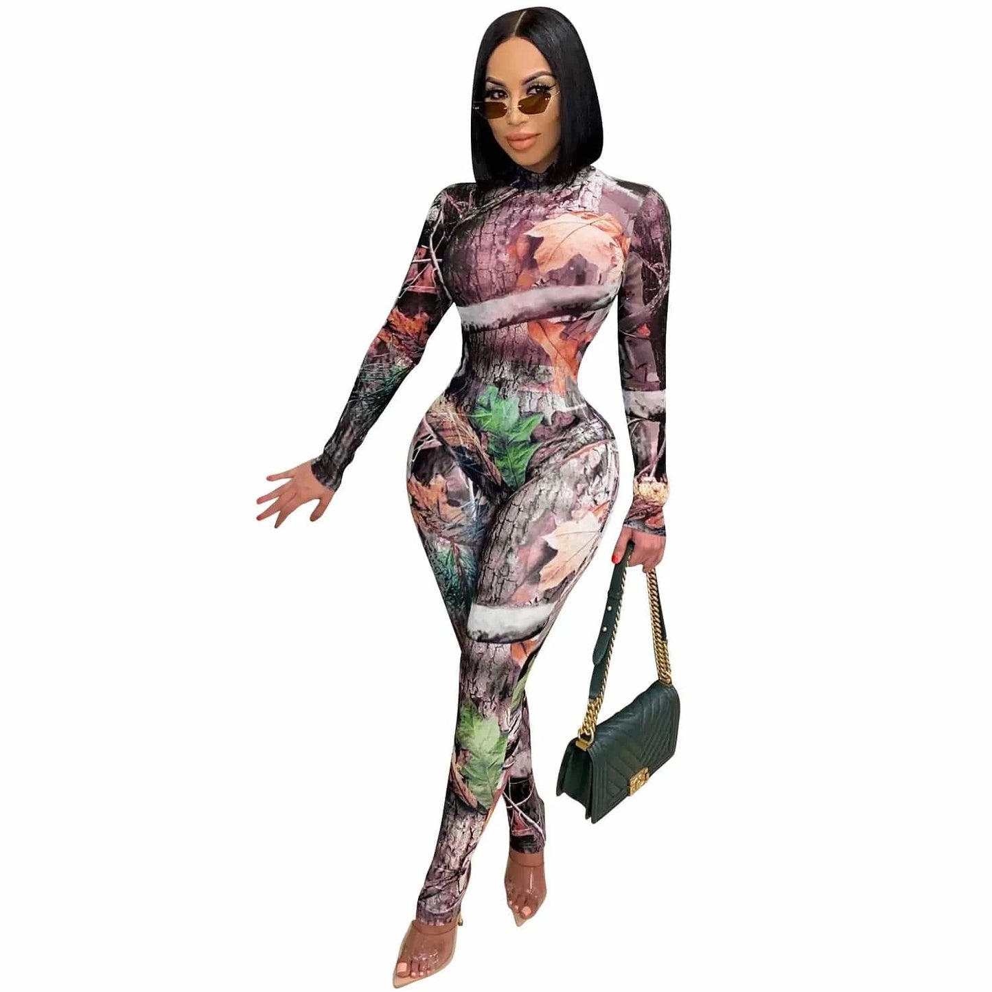 Sheer Mesh See Through Pattern Print 2 Piece Set for Women Long Sleeve Bandage Bodysuits Skinny Legging Sweat Suit Outfits