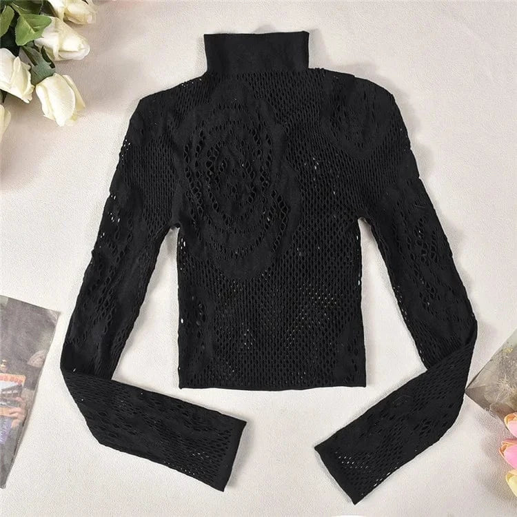 Sheer Tights Set Two Piece Women Sexy Mesh Flower Long Sleeve Tops + High Waist Seamless Pantyhose Leggings Nylon Suits