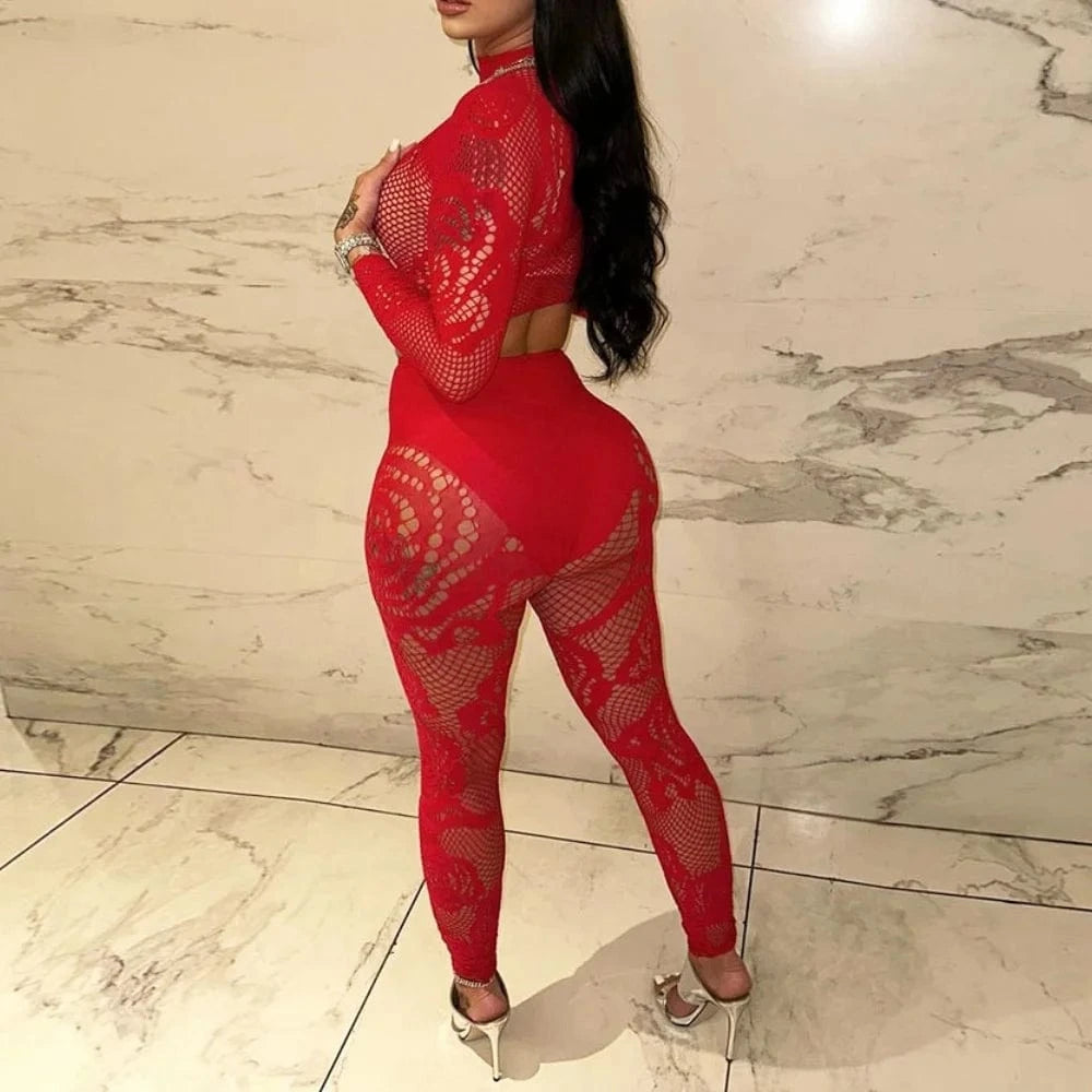Sheer Tights Set Two Piece Women Sexy Mesh Flower Long Sleeve Tops + High Waist Seamless Pantyhose Leggings Nylon Suits