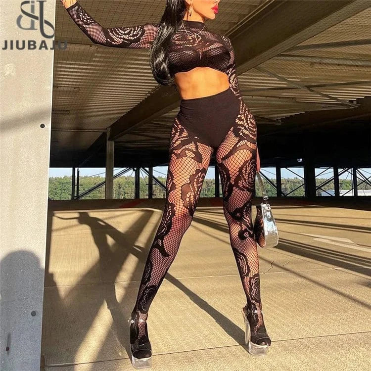 Sheer Tights Set Two Piece Women Sexy Mesh Flower Long Sleeve Tops + High Waist Seamless Pantyhose Leggings Nylon Suits