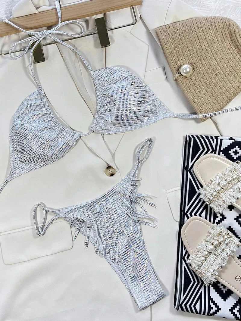 Shining Silver Sequin Bikini for Women Swimwear 2024 New Micro Swimsuit Sexy Two-piece Beach Bathing Suits