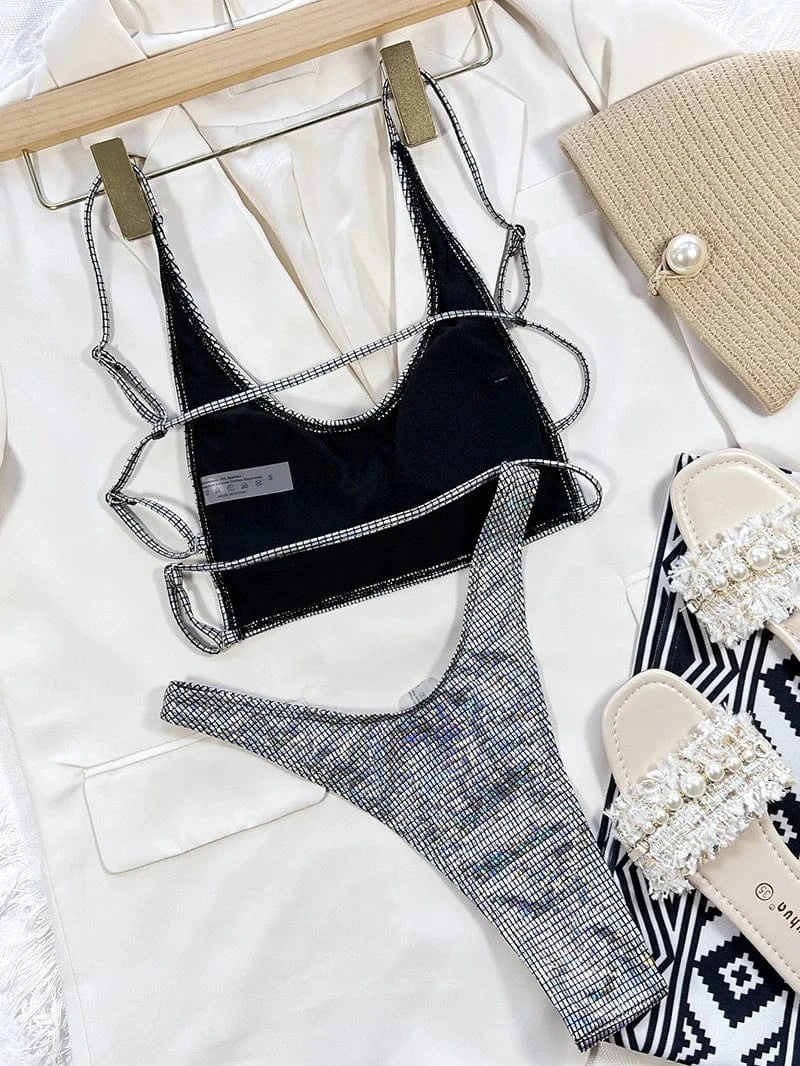 Shining Silver Sequin Bikini for Women Swimwear 2024 New Micro Swimsuit Sexy Two-piece Beach Bathing Suits