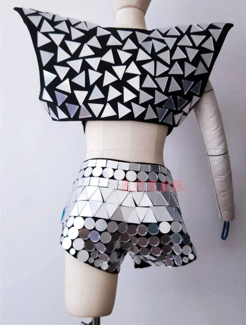 Shiny Bling Sequins Bikini Bra + Shorts 2 Piece Set Women Exotic Dancewear Outfit Set Club Show Singer Stage Performance Costume