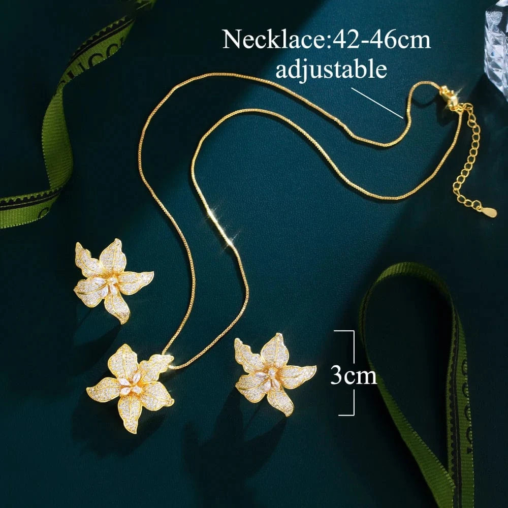 Shiny CZ Stone Big Flower Engagement African Fashion Jewelry Set for Women Micro Setting Zircon Flowers Necklace and Earrings
