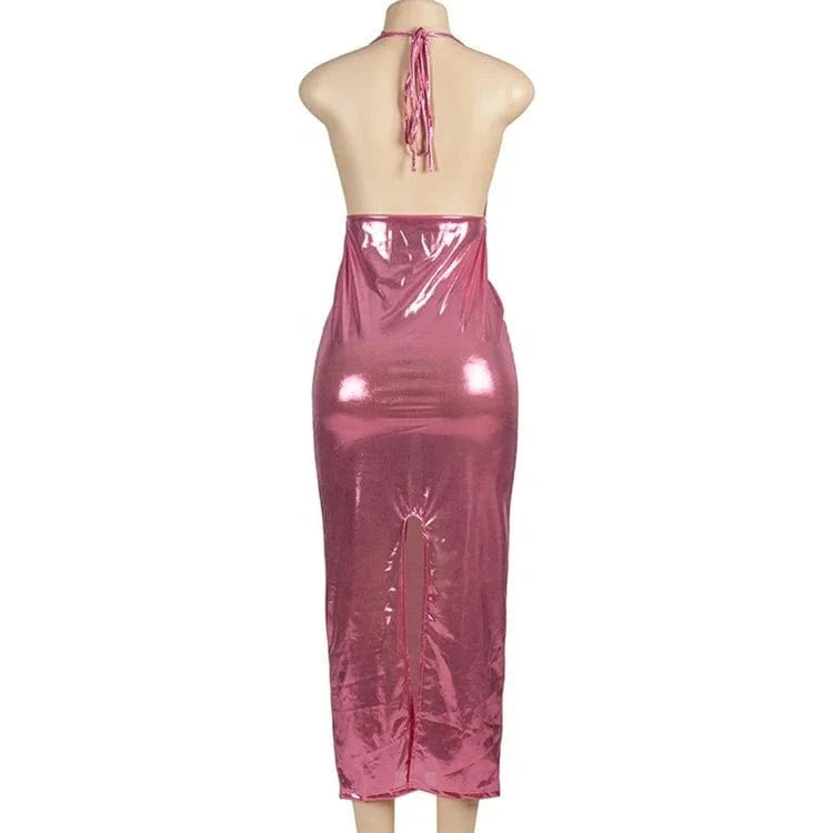 Shiny Long Dresses For Women Fashion Halter Neck Backless Party Dress