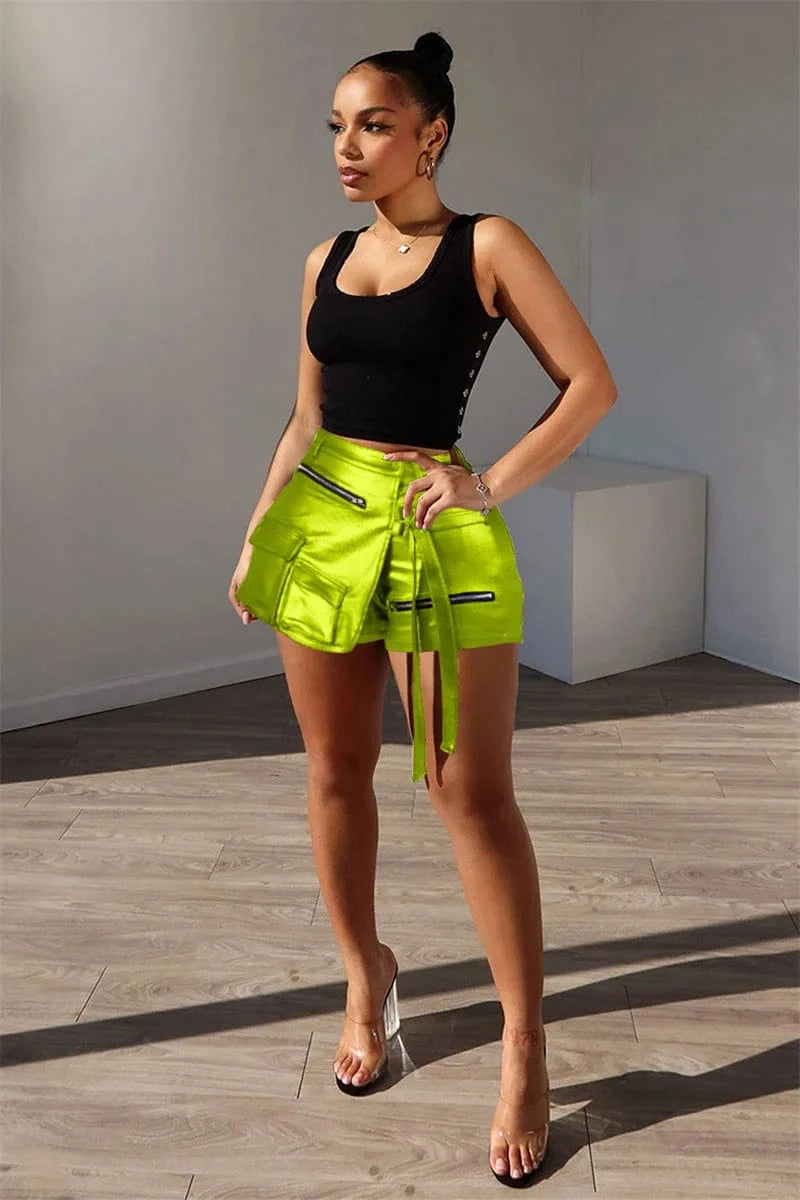 Shiny Metallic Irregular Shorts Skirts Women Y2K Clothing High Waist Button Fly Pockets Zipper Party Club Birthday Short Mujer
