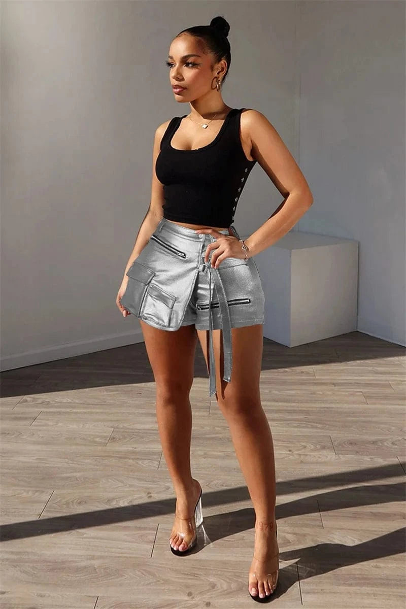 Shiny Metallic Irregular Shorts Skirts Women Y2K Clothing High Waist Button Fly Pockets Zipper Party Club Birthday Short Mujer