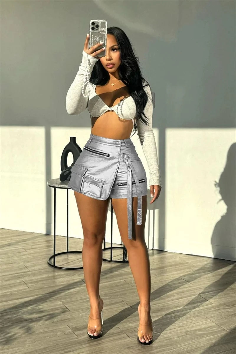 Shiny Metallic Irregular Shorts Skirts Women Y2K Clothing High Waist Button Fly Pockets Zipper Party Club Birthday Short Mujer
