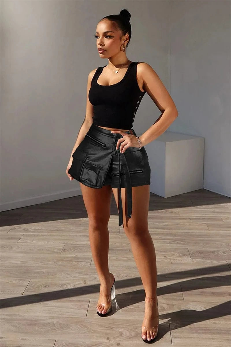 Shiny Metallic Irregular Shorts Skirts Women Y2K Clothing High Waist Button Fly Pockets Zipper Party Club Birthday Short Mujer