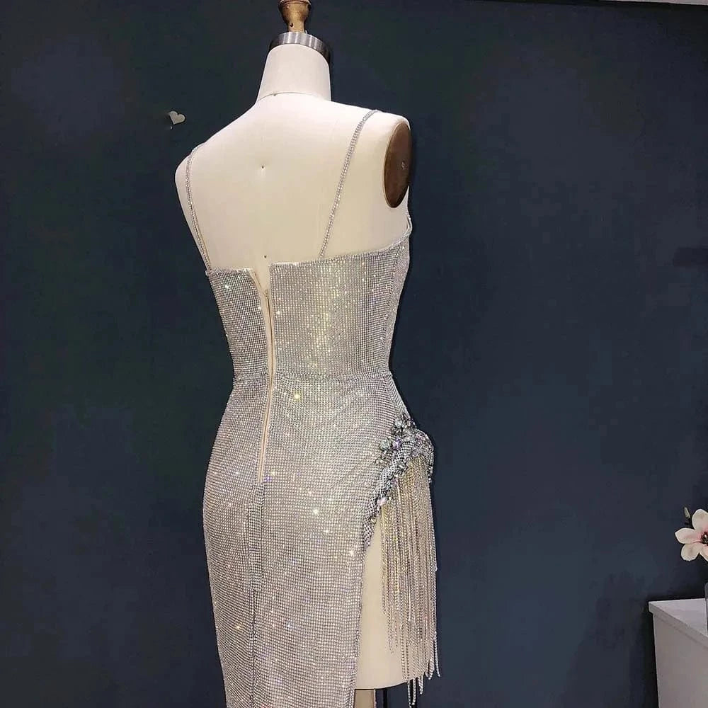 Shiny Silver Long Prom Dresses 2024 Luxury Sexy Spaghetti Straps High Slit Women Cocktail Party Gowns RM019