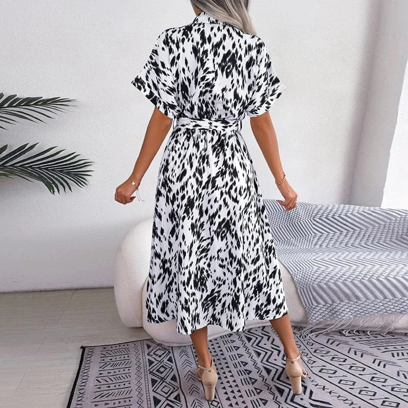 Shirts Dresses Women Casual Fashion Leopard Printing Vintage Elegant Short Sleeve Midi Dress Lace-up Street White Pink Vestidos