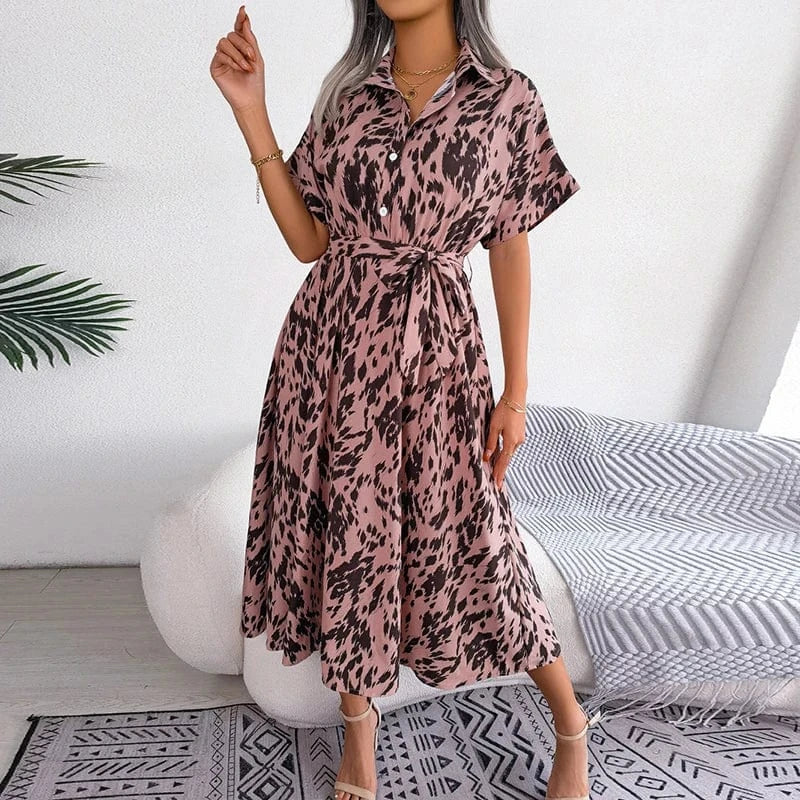 Shirts Dresses Women Casual Fashion Leopard Printing Vintage Elegant Short Sleeve Midi Dress Lace-up Street White Pink Vestidos