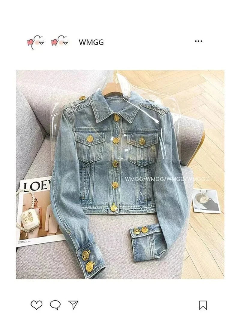 Short 2023 New Design Sense Heavy Industry Denim Coat Korean Wash Fashion Short Style Temperament Top Metal buckle Denim Jacket
