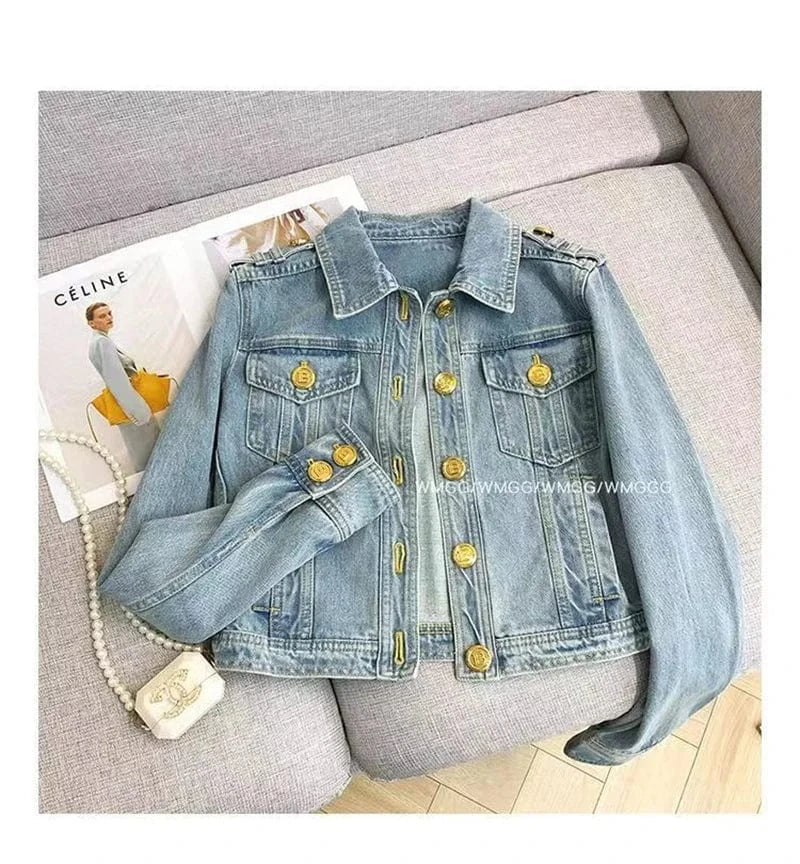 Short 2023 New Design Sense Heavy Industry Denim Coat Korean Wash Fashion Short Style Temperament Top Metal buckle Denim Jacket