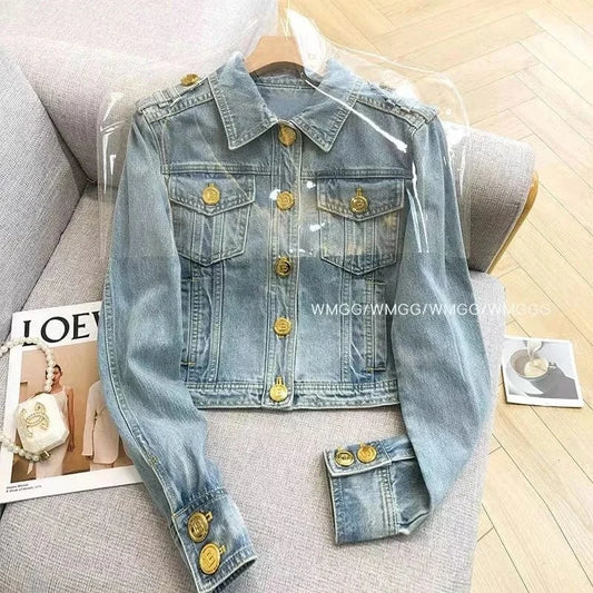 Short 2023 New Design Sense Heavy Industry Denim Coat Korean Wash Fashion Short Style Temperament Top Metal buckle Denim Jacket